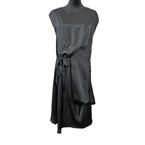 UMA RAQUEL DAVIDOWICZ Romulu Faux Waist Tie Draped Satin Black Dress - Picture 2 of 10